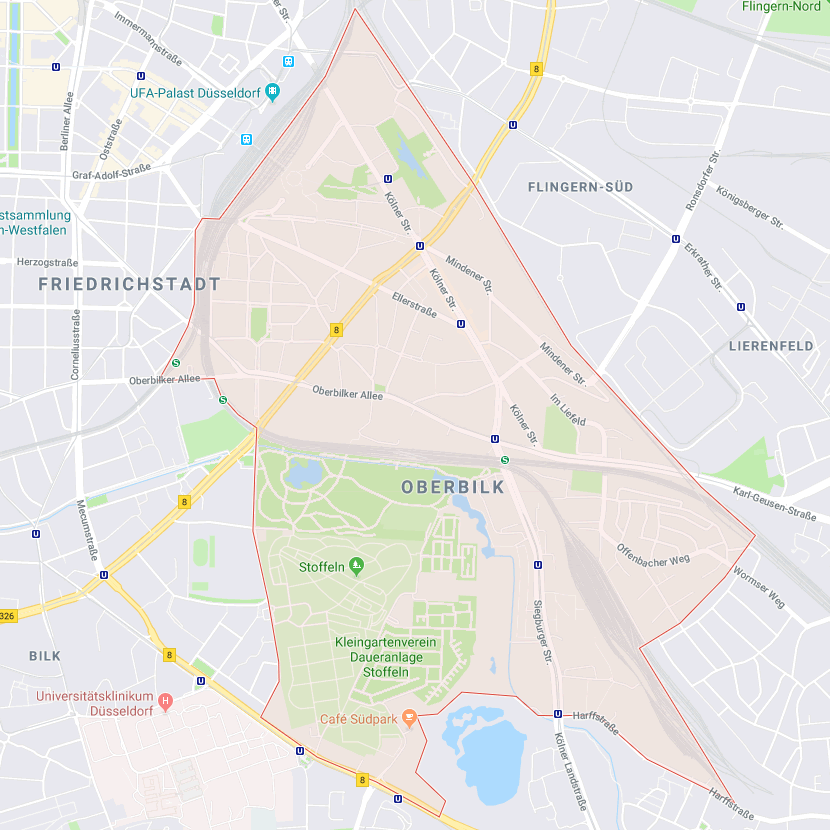 Karte des Stadtteils Düsseldorf Oberbilk
